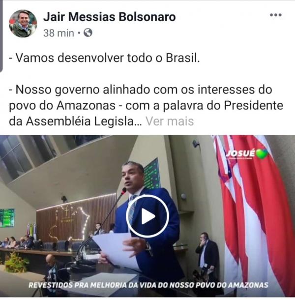 Bolsonaro compartilha vídeo de Josué Neto em favor do AM Bolsonaro compartilha vídeo de Josué Neto em favor do AM