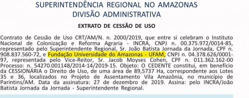 INCRA libera área na Vila Amazônia para curso de Zootecnia da UFAM atuar, publicação saiu hoje no Diário Oficial