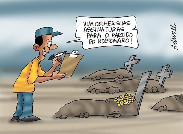 Explicação da Assinatura dos Mortos no Partido Aliança Brasil de Bolsonaro Charge 