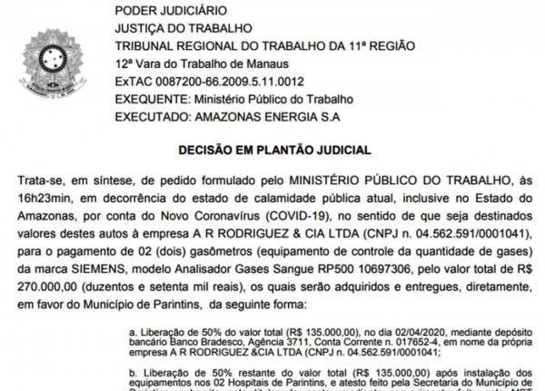 Amazonas Energia condenada no Tribunal do Trabalho 11ª Região a destinar  R$ 270 mil para compra de equipamentos aos  hospitais de Parintins 