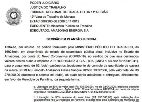 Amazonas Energia condenada no Tribunal do Trabalho 11ª Região a destinar  R$ 270 mil para compra de equipamentos aos  hospitais de Parintins 