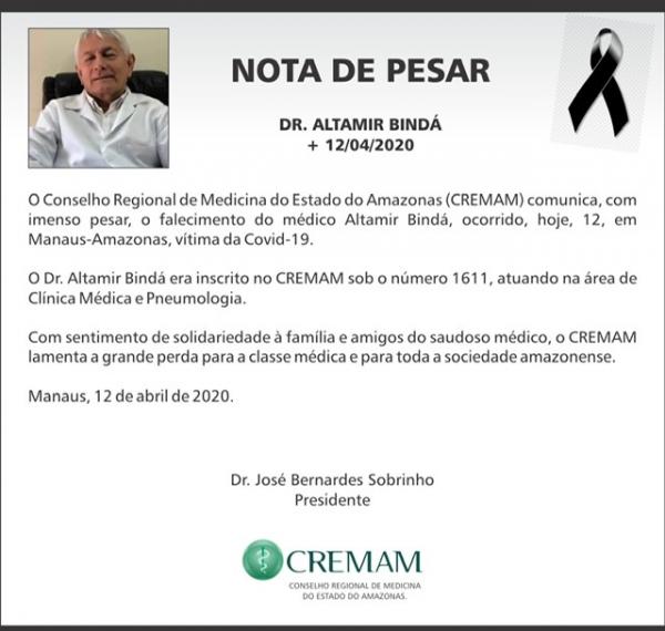 Coronavírus mata primeiro médico no Amazonas, diz nota do Conselho de Medicina-AM 
