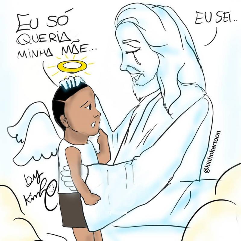 Cartunista desenha Miguel com asas de anjo sendo recebido por Jesus no céu: 'fiquei muito triste com essa tragédia'