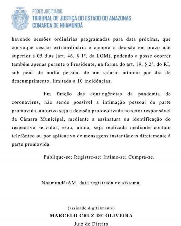 Juiz manda presidente da Câmara de Nhamundá empossar vereadora Alessandra