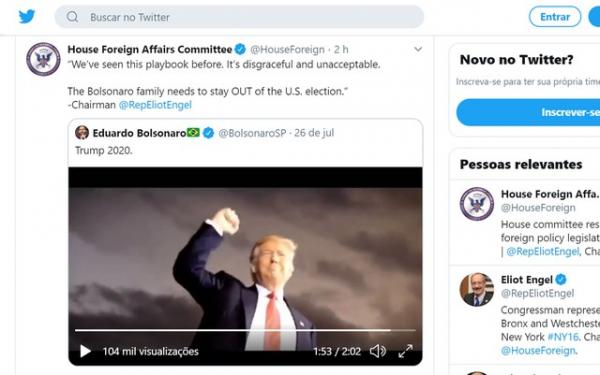 Comissão da Câmara americana pede que família Bolsonaro 'fique fora' Da eleição dos EUA Comissão da Câmara americana pede que família Bolsonaro 'fique fora' Da eleição dos EUA
