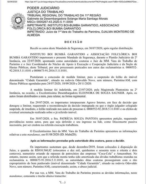 Desembargadora do TRT 11ª Região suspende transferência da Cidade Garantido para a Samel