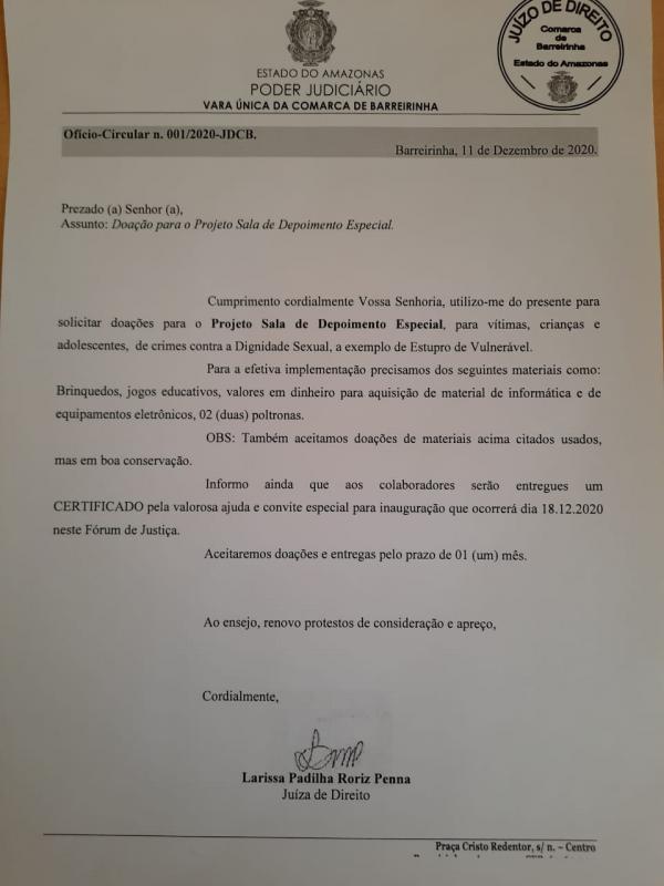 Juíza Larissa faz campanha para mobiliar Sala de Depoimentos  Especial na cidade de Barreirinha 