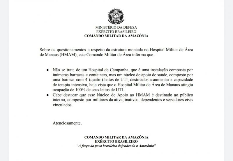 Exército diz que não montou hospital de campanha em Manaus 