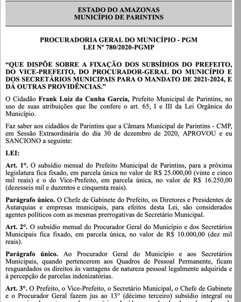 Novo salário do prefeito, vice-prefeito, secretários e extraordinários de Parintins Novo salário do prefeito, vice-prefeito, secretários e extraordinários de Parintins