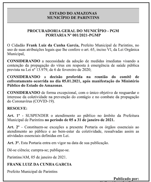 Aumento de Coronavírus faz prefeito Bi Garcia suspender atendimento ao público na prefeitura de Parintins 