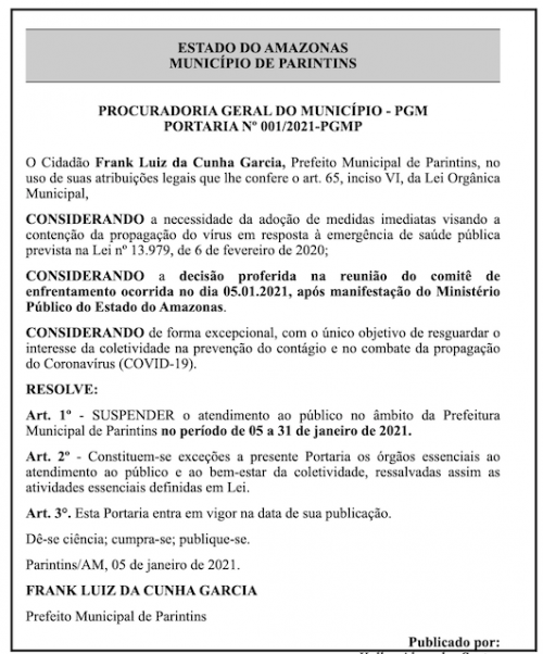 Aumento de Coronavírus faz prefeito Bi Garcia suspender atendimento ao público na prefeitura de Parintins 