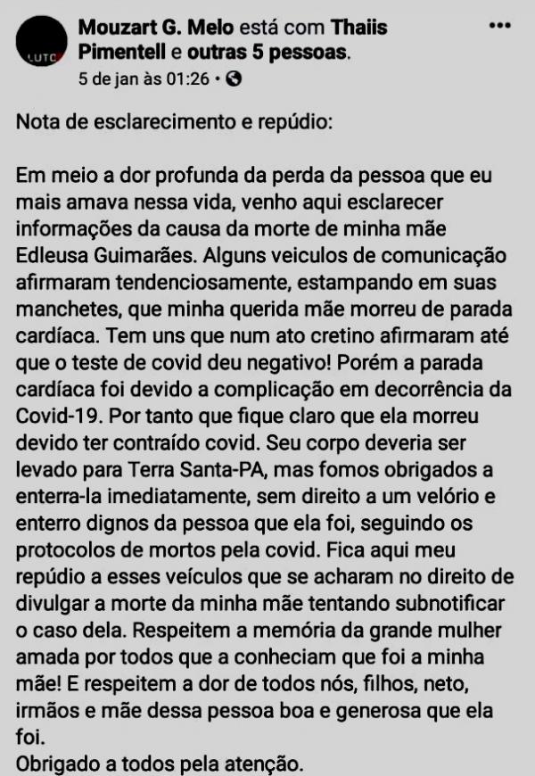 Professor denúncia subnotificação de coronavírus em Parintins: Minha mãe morreu de coronavírus, ela morreu devido ter contraído covid.  