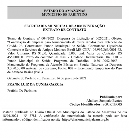 Mais cinco mil teste rápidos, no valor total de R$ 455 mil para monitorar a 2ª onda de Coronavírus em Parintins  