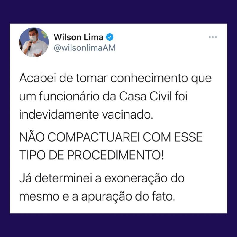 Wilson Lima determina exoneração de funcionário da Casa Civil vacinado indevidamente