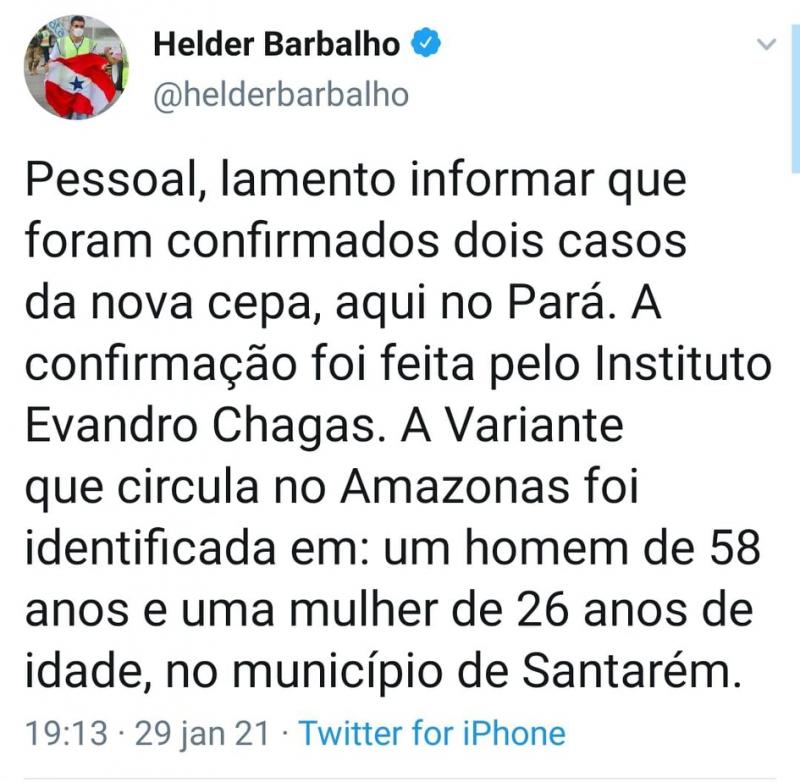 Pará confirma dois casos da nova variante brasileira do coronavírus 