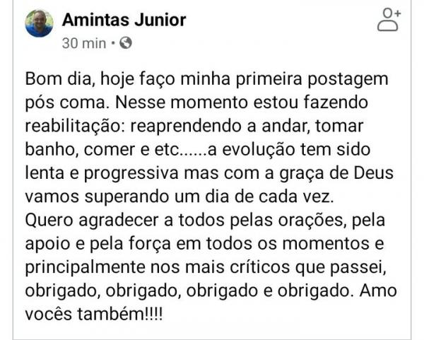 Médico Amintas Junior depois de vencer coronavírus, faz postagem de agradecimento