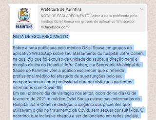 Em nota prefeitura e direção do Hospital Jofre Cohen classificam de antiético falas do médico Osiel Souza 