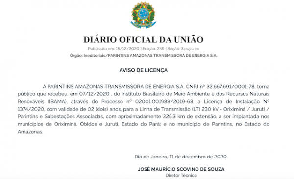 IBAMA libera instalação da Linha de Transmissão à empresa Parintins Amazonas Energia IBAMA libera instalação da Linha de Transmissão à empresa Parintins Amazonas Energia