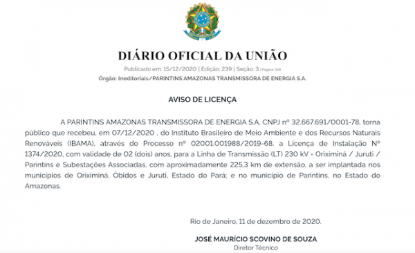 IBAMA libera instalação da Linha de Transmissão à empresa Parintins Amazonas Energia 