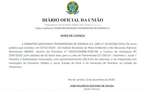 IBAMA libera instalação da Linha de Transmissão à empresa Parintins Amazonas Energia 