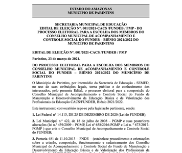 Eleição do Conselho e Acompanhamento CACS/FUNDEB Parintins será dia 29 de março 
