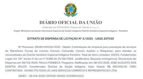 Dsei Parintins faz contrato de R$ 660 mil com Jaks Serviço modalidade dispensa de licitação