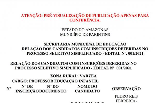 Prefeitura de Parintins divulga relação de inscrições deferidas no Processo Seletivo da Educação para a Área de Várzea