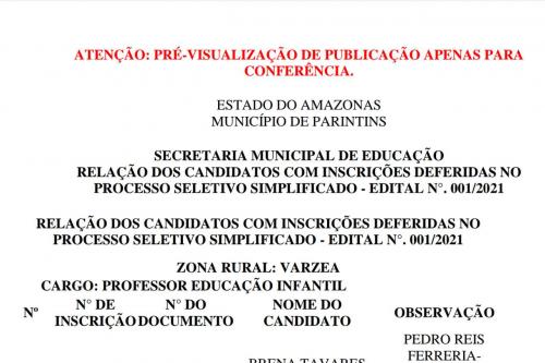 Prefeitura de Parintins divulga relação de inscrições deferidas no Processo Seletivo da Educação para a Área de Várzea