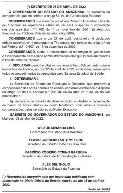 Governo do Amazonas decreta ponto facultativo na sexta-feira (22/04)