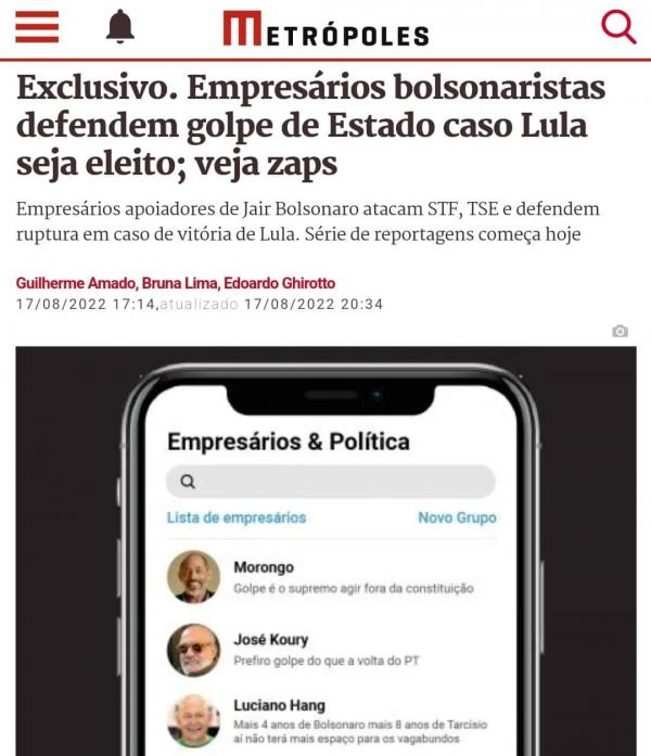Empresários bolsonaristas defendem golpe de Estado caso Lula seja eleito; veja zaps
