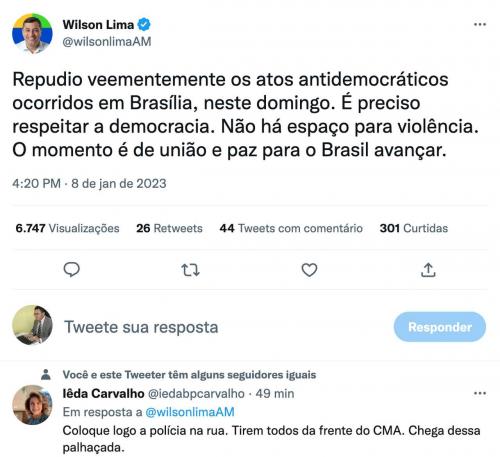 Governador Wilson Lima repudia atos antidemocráticos, invasão e vandalismo contra o Planalto, Congresso e STF