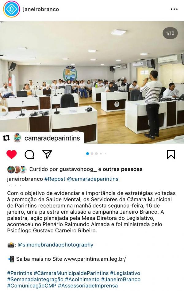 Página Nacional Oficial do Janeiro Branco registra ação de conscientização da Câmara de Parintins 