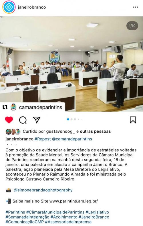 Página Nacional Oficial do Janeiro Branco registra ação de conscientização da Câmara de Parintins 