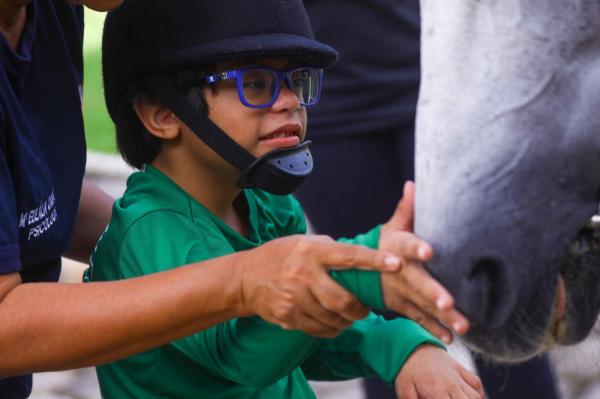 Equoterapia: Alexandre de sete anos já consegue interagir com os cavalos e animais domésticos da família