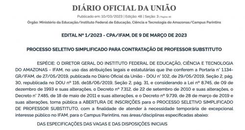 IFAM Parintins abre processo seletivo para contratação de professores