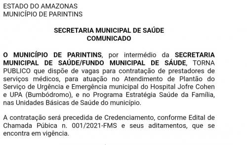 Parintins abre vagas de médicos no Plantão do Hospital Jofre Cohen e UPA Bumbódromo 