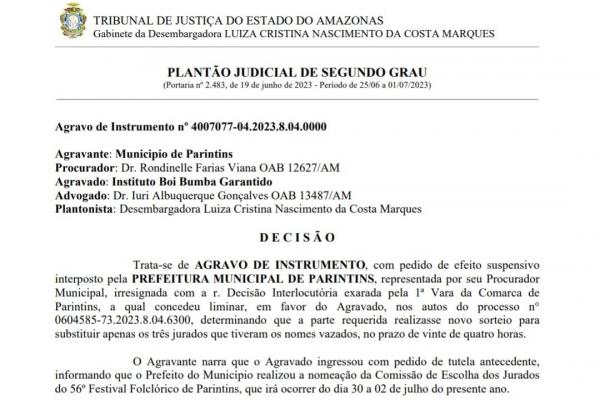 Desembargadora manda cancelar decisão da juíza de Parintins sobre mudar três jurados do Festival 