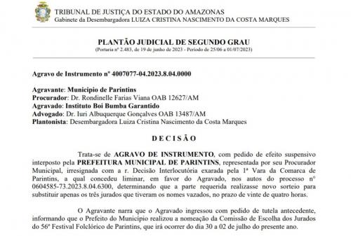 Desembargadora manda cancelar decisão da juíza de Parintins sobre mudar três jurados do Festival 