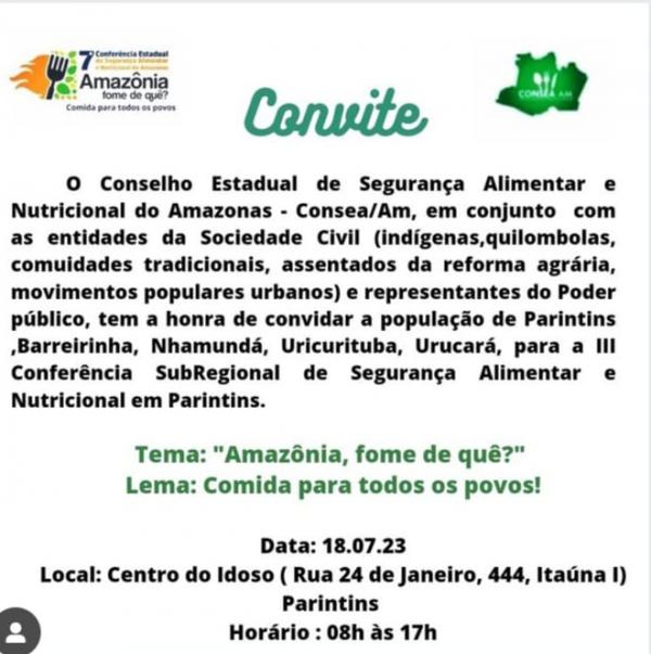 Parintins vai sediar a III Conferência Sub Regional de Segurança Alimentar e Nutricional 