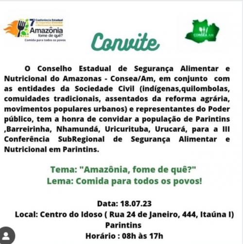 Parintins vai sediar a III Conferência Sub Regional de Segurança Alimentar e Nutricional 