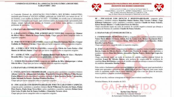 Chapas aprovadas pela Comissão Eleitoral, aptas a concorrer na eleição do Boi Bumbá Garantido. VEJA!