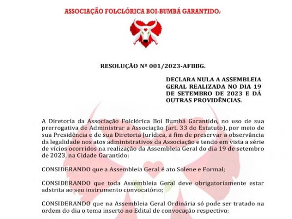 Anulada assembleia irregular de expulsão de sócios do Garantido, decide resolução da diretoria 