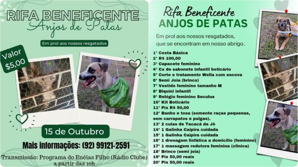 Rifa Solidária do Grupo Anjos de Patas será no próximo domingo, dia 15