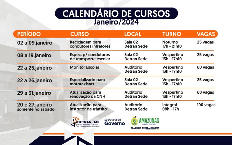 Detran Amazonas está com inscrições abertas para cursos que iniciarão em janeiro de 2024