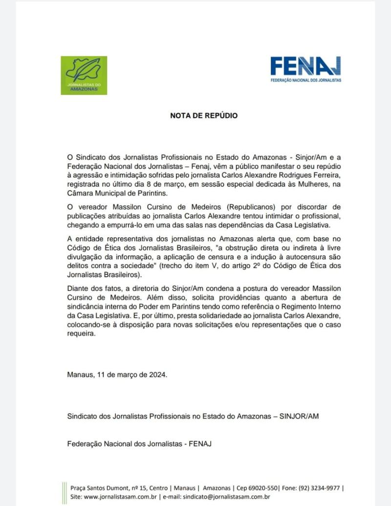 Sindicato dos Jornalistas do Amazonas e FENAJ repudiam agressão e intimidação a jornalista em Parintins