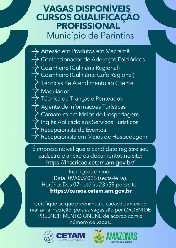 Cetam abre 440 vagas para Cursos de Qualificação Profissional em Parintins; inscrições começam na sexta (09)
