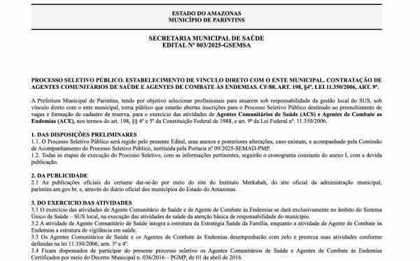 Prefeitura de Parintins abre processo seletivo com 289 vagas para Agentes Comunitários de Saúde ACS e Agentes de Combate as Endemias ACE
