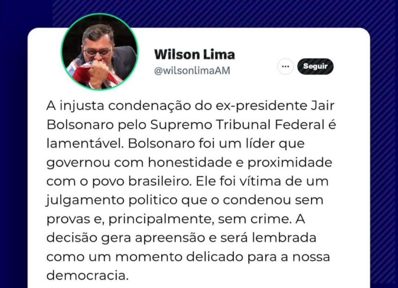 Wilson Lima afirma ser injusta condenação de Jair Bolsonaro pelo STF