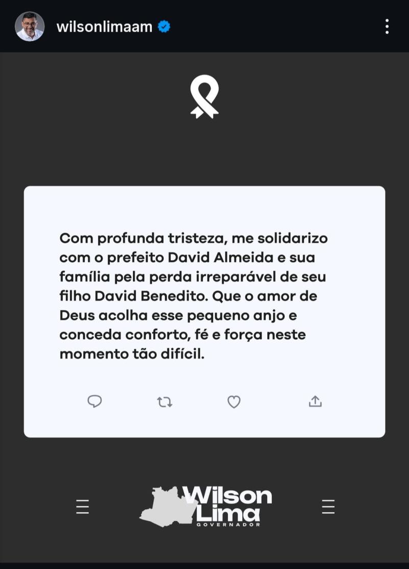 Governador Wilson Lima lamenta morte do filho do prefeito de Manaus