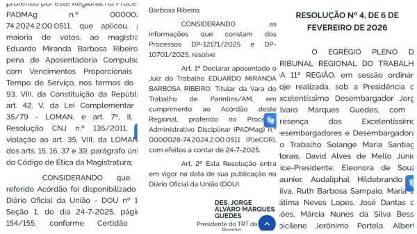 TRT-11 publica aposentadoria compulsória de juiz e consolida vacância da Vara do Trabalho de Parintins